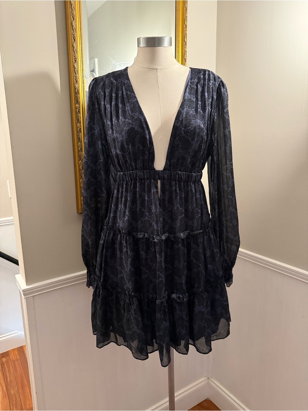 Cami NYC Dark Navy Venezia Plunging V-Tiered Long-Sleeve Mini Dress